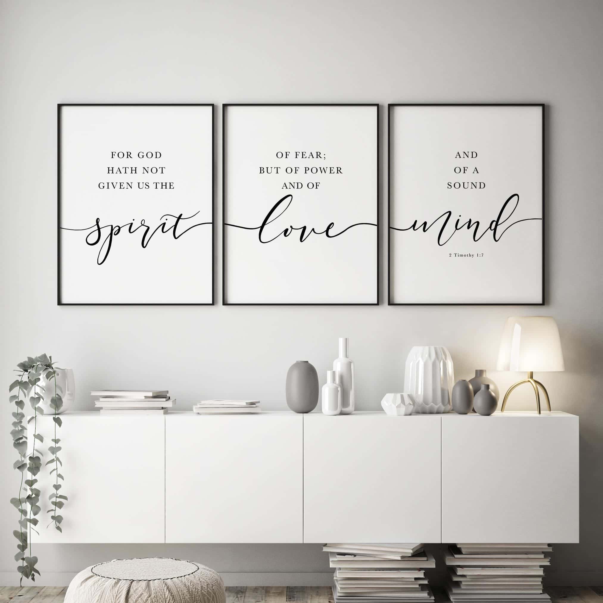 The Spirit of Power, Love & Sound Mind, 2 Timothy 1:7 | Trio Set, Christian Wall Art, A3 at XILEF Art